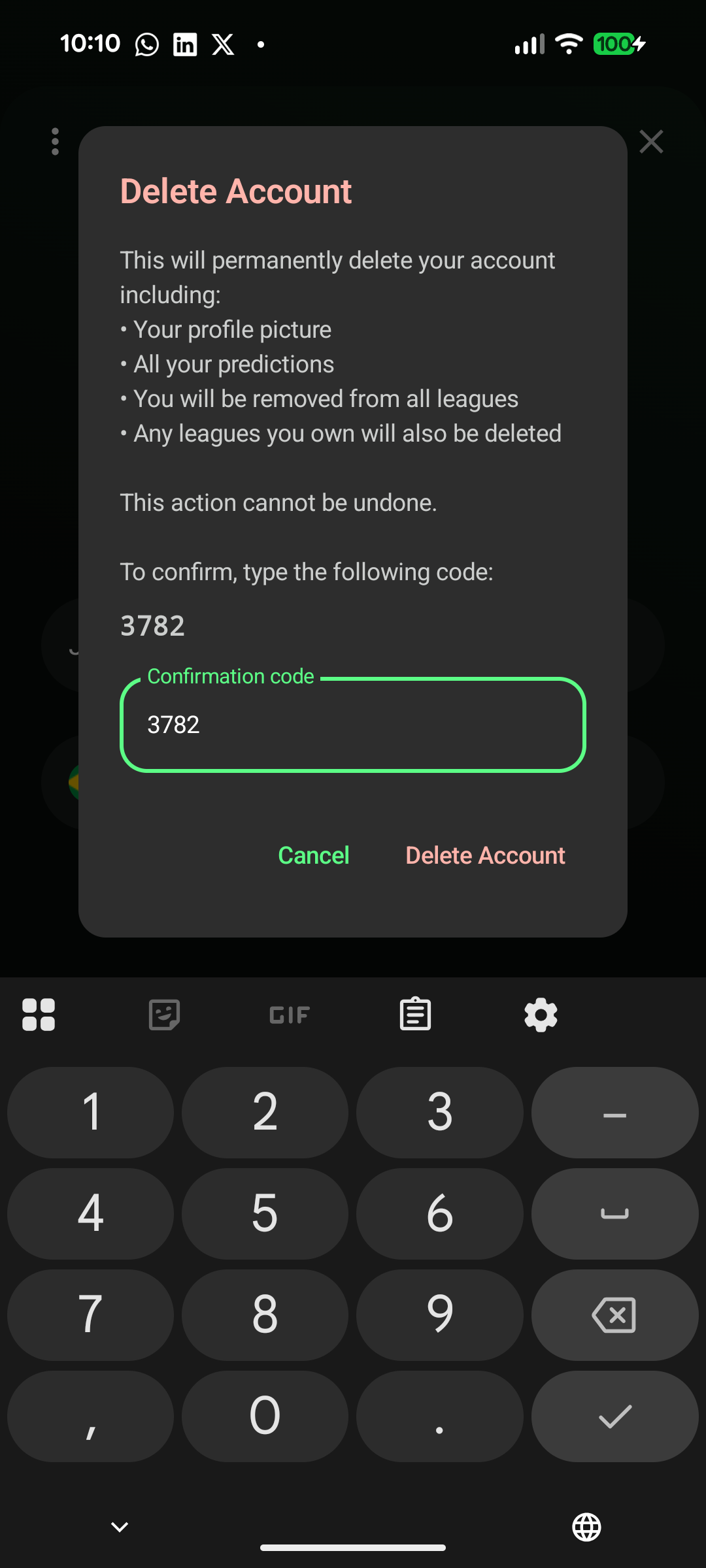Android screen showing confirmation code entry